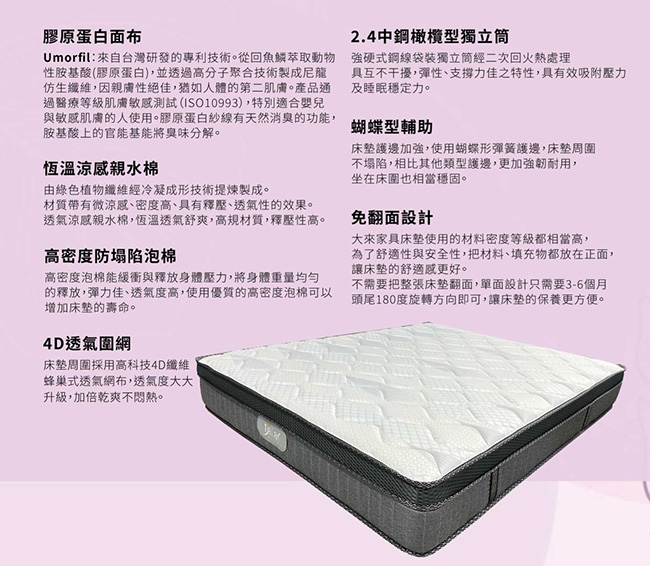 DA8膠原蛋白親水棉硬式獨立筒床墊